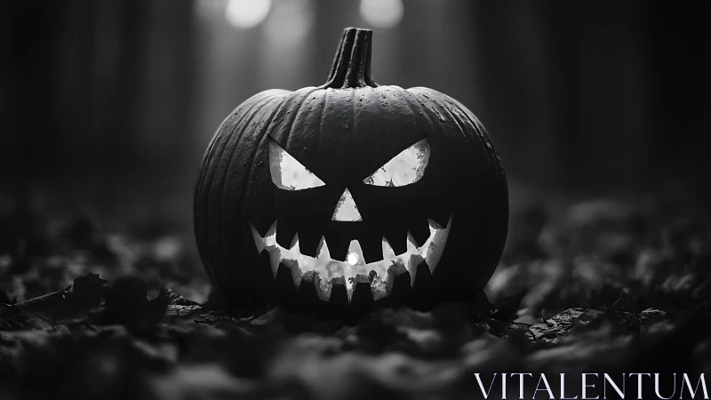 Sinister jack-o’-lantern glows in a misty forest night.