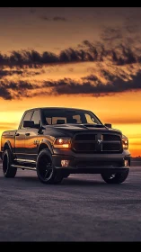 Sunset-lit black pickup truck on open asphalt plain.