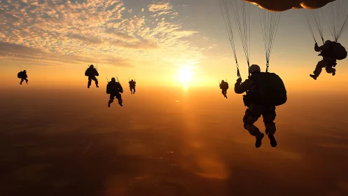 Military parachutists descending in golden sunrise haze.