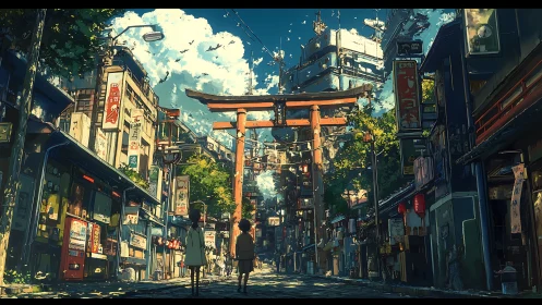 Urban street corridor with torii gate and high-rise complex.