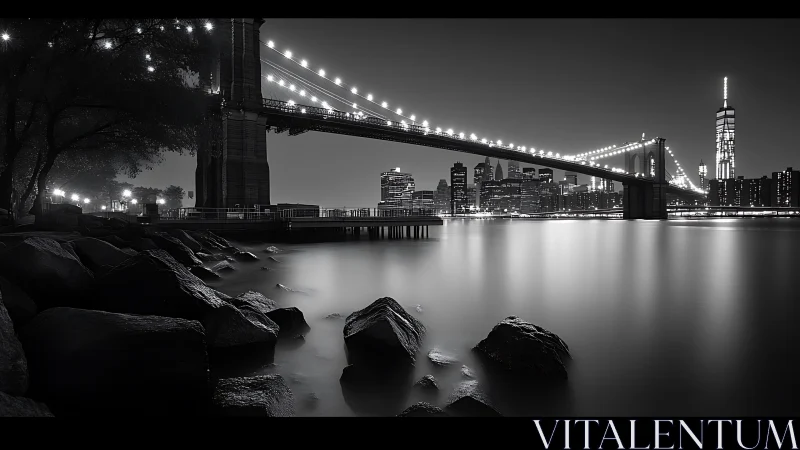 Monochrome night view of suspension bridge and skyline.