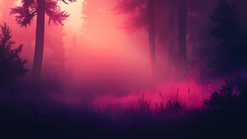 Luminescent Forest Atmosphere: Neon Pink Gradient Mist Through Tall Conifer Silhouettes