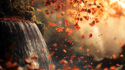 Golden autumn waterfall wrapped in drifting scarlet leaves.