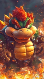 Digital painting of firelit reptilian boss in dynamic portrait.