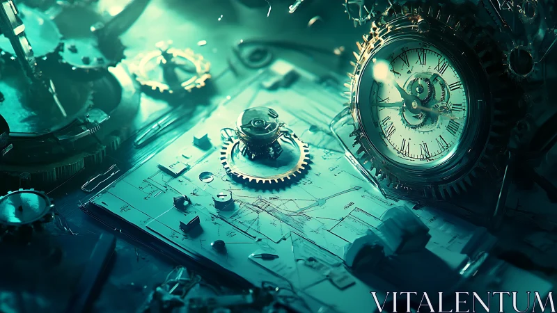Clockwork mechanisms over technical schematics in teal light.