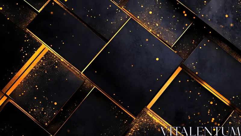 Geometric black panels intersect with luminous metallic gold splatter