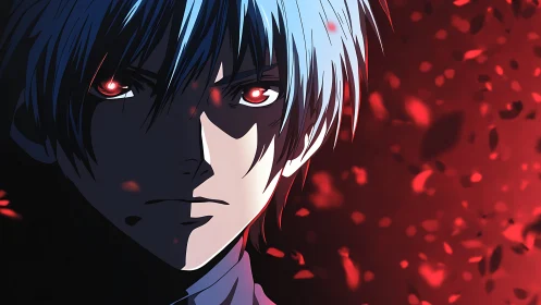 Intense anime boy portrait with glowing red eyes in shadow.