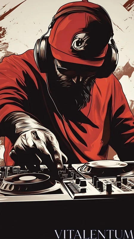 Red-capped beat alchemist sculpting sound on turntables.