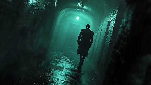 Solitary figure walks through narrow wet brick corridor