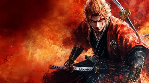 Fiery samurai warrior poised in dynamic katana combat stance.