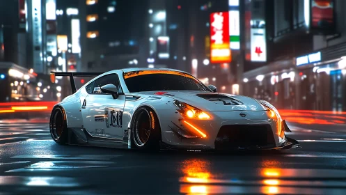 Modified white sports coupe on wet neon city street at night.