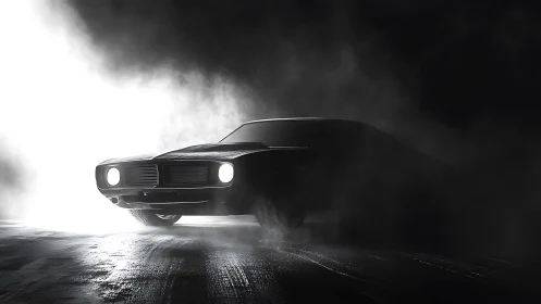 Nocturnal muscle car silhouette in volumetric backlighting haze.