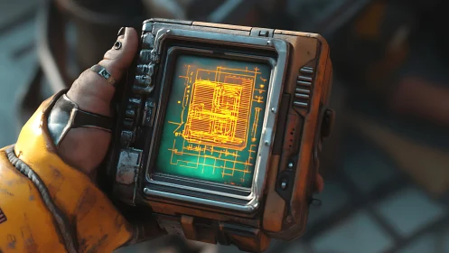 Handheld sci fi gadget glowing with bright orange blueprint.