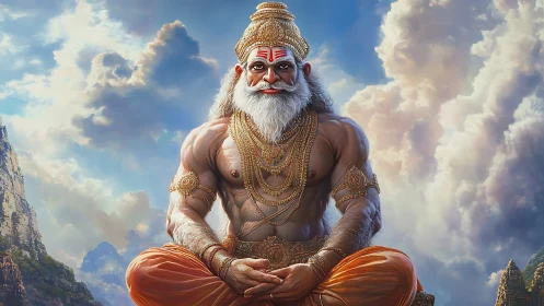 Mythic sage figure seated before clouds and mountains.