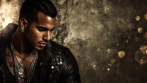 Brooding man in leather jacket against golden bokeh haze