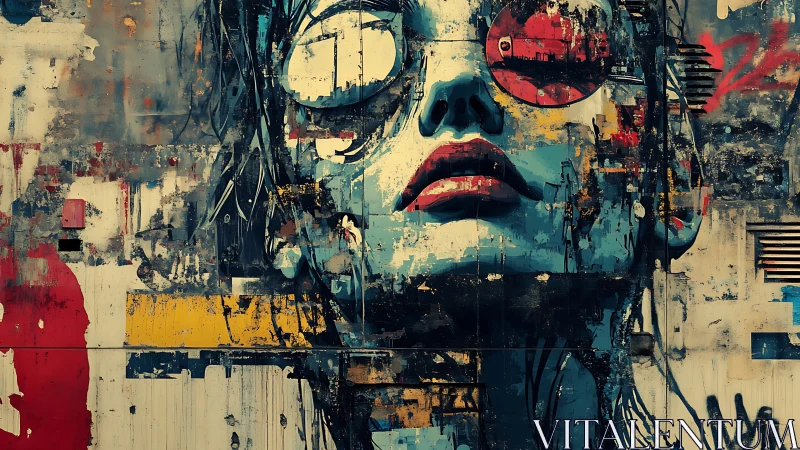 Urban mural portrait merges grunge textures and bold color blocks.
