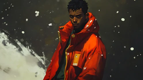 Figure in red parka stands against dark, snowy backdrop