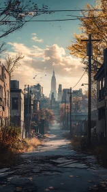 Post-apocalyptic urban alley with distant neo-Deco skyline