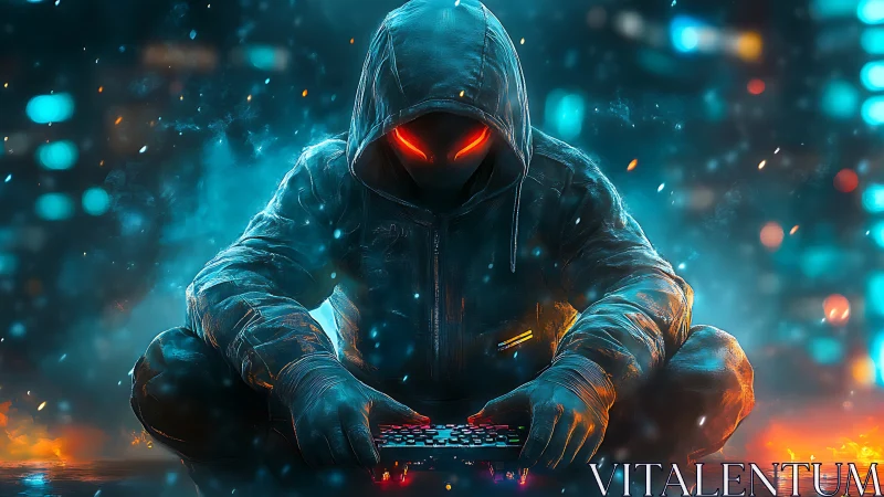 Hooded digital operator with keyboard in neon haze.
