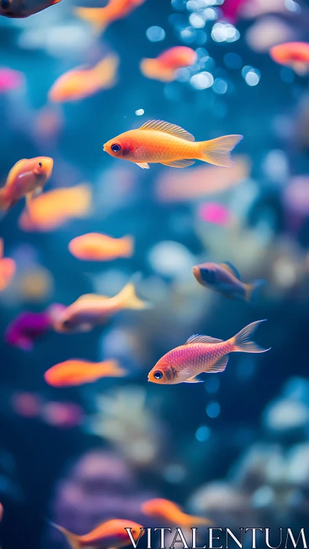 Colorful tropical fish swim in a softly blurred aquarium