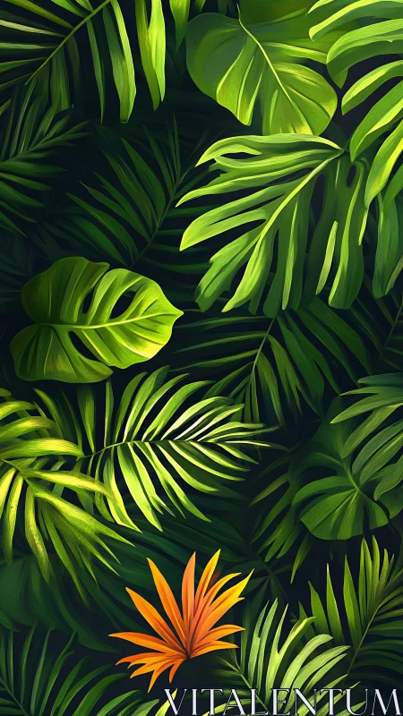 Rebel orange frond hiding among lush jungle greens.