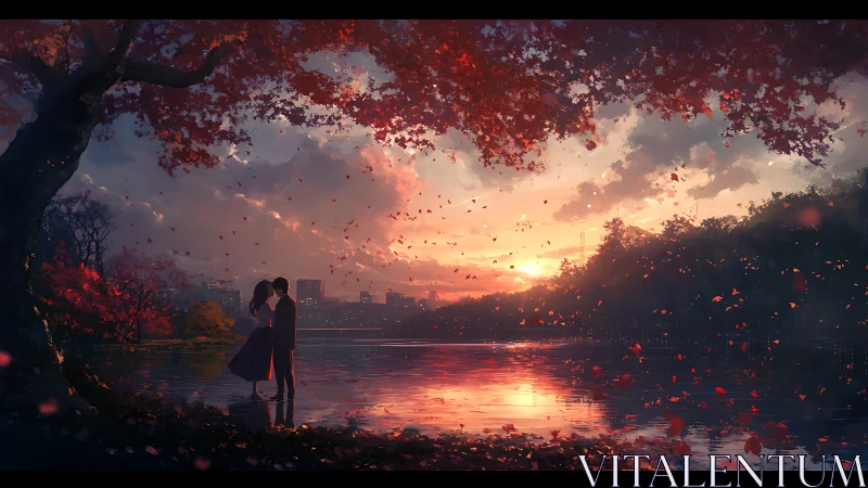 Couple embraces under crimson foliage at sunset