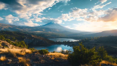 Snowcapped volcano above tranquil twin lakes at sunset.