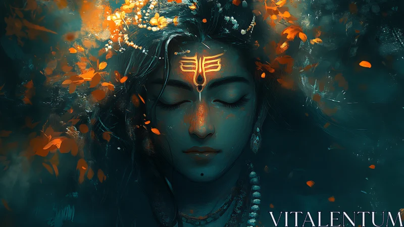 Digital portrait of serene figure with glowing forehead symbol.