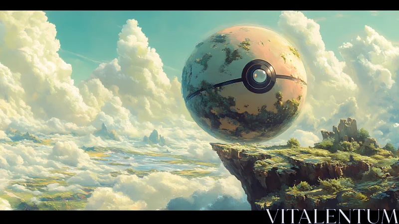 Spherical sky fortress hovers above luminous cloud world.