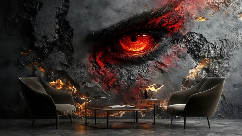 Modern lounge with fiery dragon eye mural wall art decor