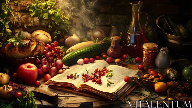 Storybook supper among herbs, garden bounty, and warm light.