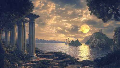 Ancient coastal temple ruins glow beneath a rising moon.