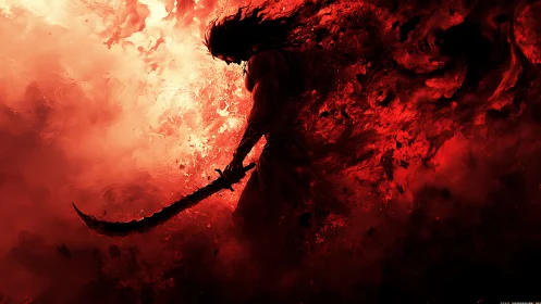 Warrior silhouette strides through swirling crimson inferno