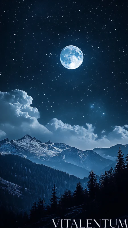 Moonlit mountain silence under a soft, starry midnight sky.