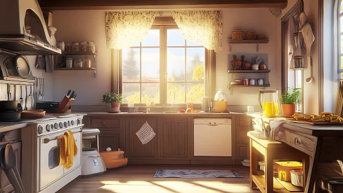 Sunlit country kitchen interior in warm digital painting style.