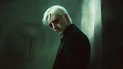 Brooding silver haired man in shadowed corridor portrait.