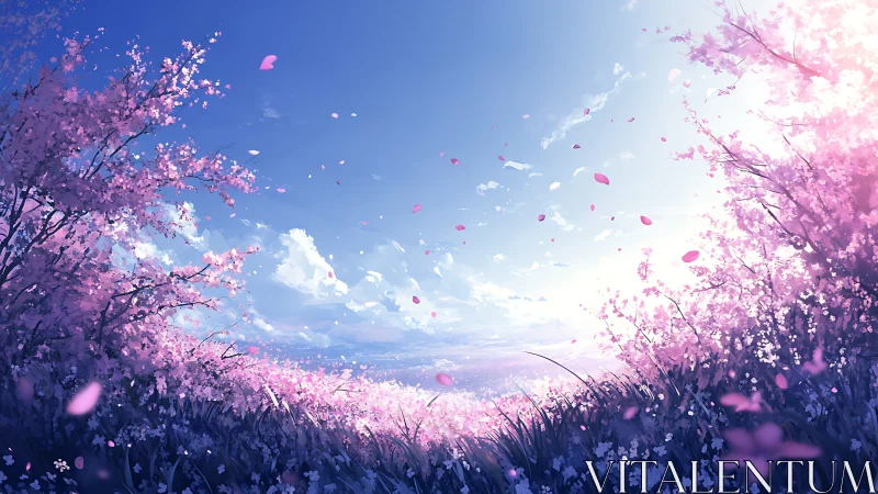 Cherry blossom field under clear blue spring sky.