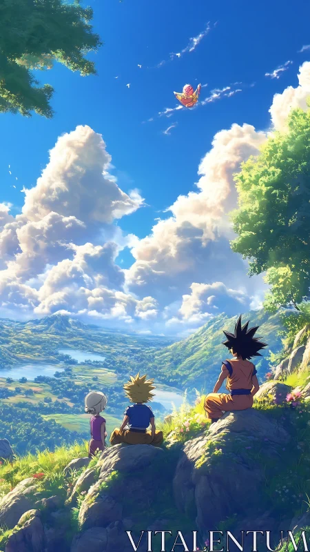 Trio of friends watching distant flyer over sunlit valley.