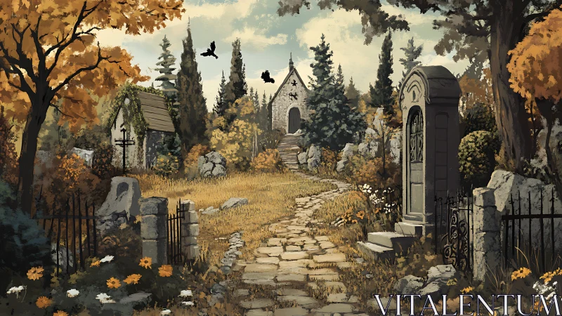 Stone path through autumn graveyard toward chapel structure.