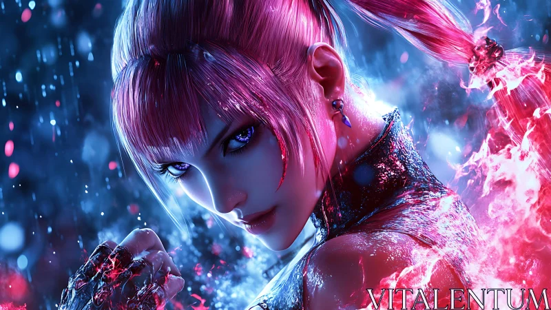 Digital portrait shows pink haired figure amid fire and rain