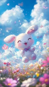 Fluffy chibi rabbit levitates above wildflower field under volumetric clouds