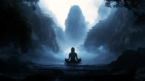 Solitary meditator sits in misty canyon under diffuse light