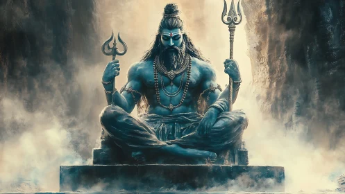 Blue-skinned seated deity statue holds tridents in misty canyon