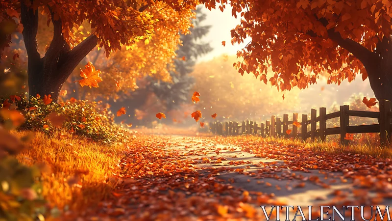 Golden autumn lane lined with glowing trees and gentle light.