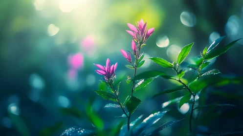 Pink Flowers with Dewdrops in Blurred Green Garden