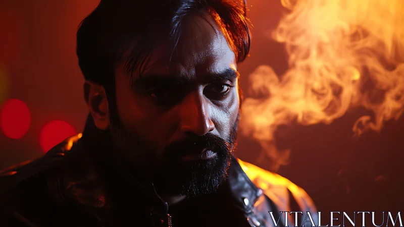 Brooding rebel in firelit haze and neon kissed shadows.