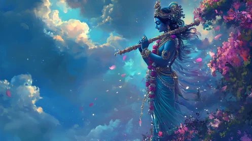 Divine blue musician framed by volumetric clouds and floral bokeh