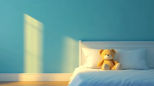 Sunlit teddy bear resting in a calm blue bedroom corner.