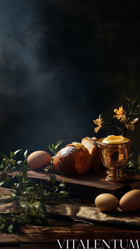 Rustic sponge cake and eggs on dark wooden table.