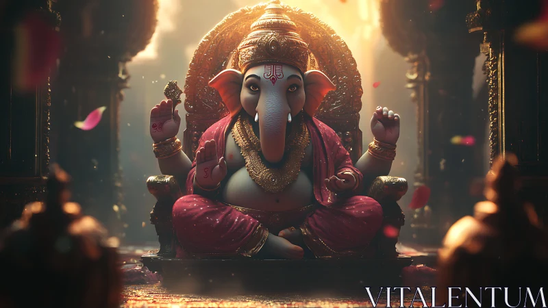 Digital depiction of Ganesha seated on ornate temple throne.